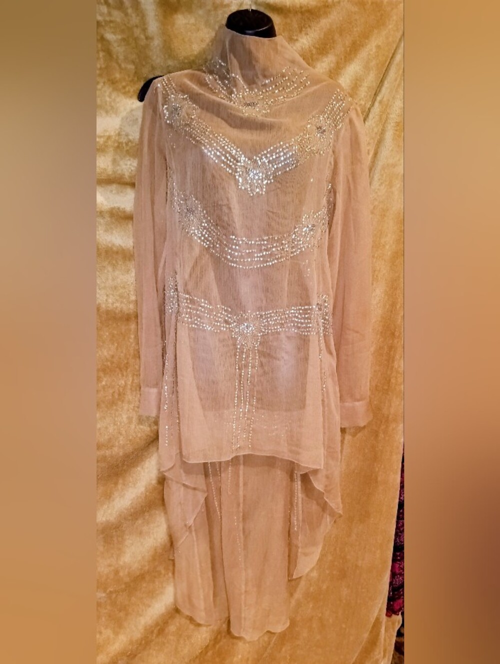 H&M 2013 Collection Sheer Beaded Tan Drape Tunic with High Low Hem